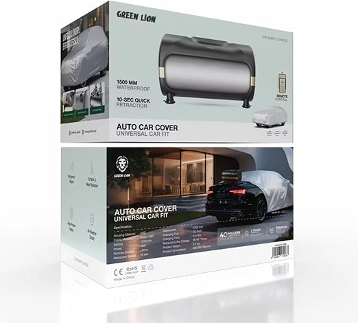 Green Lion Auto Car Cover Universal Car Fit, 1500mAh Rechargeable Battery, 1500 MM Waterproof, 10-Sec Quick Retraction, Remote Control, Windproof Ropes, Scratch & Wear Resistant, High-Power Motor