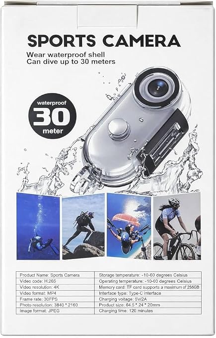 4K WiFi Thumb Sports Camera with H.265, Waterproof 30m