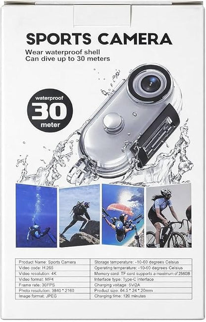 4K WiFi Thumb Sports Camera with H.265, Waterproof 30m