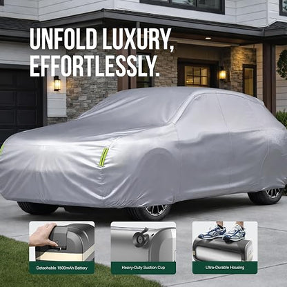 Green Lion Auto Car Cover Universal Car Fit, 1500mAh Rechargeable Battery, 1500 MM Waterproof, 10-Sec Quick Retraction, Remote Control, Windproof Ropes, Scratch & Wear Resistant, High-Power Motor