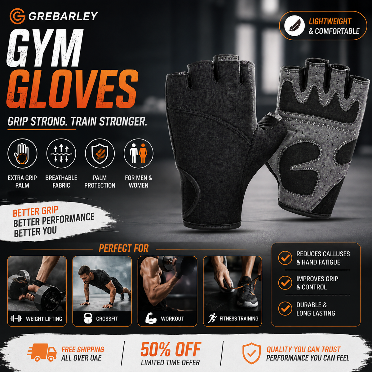 Grebarley Gym Gloves,Training Gloves Full Wrist Support,Breathable Extra Grip Palm Protection Fitness Crossfit for Men & Women