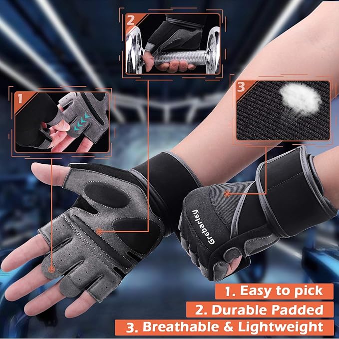 Grebarley Gym Gloves,Training Gloves Full Wrist Support,Breathable Extra Grip Palm Protection Fitness Crossfit for Men & Women