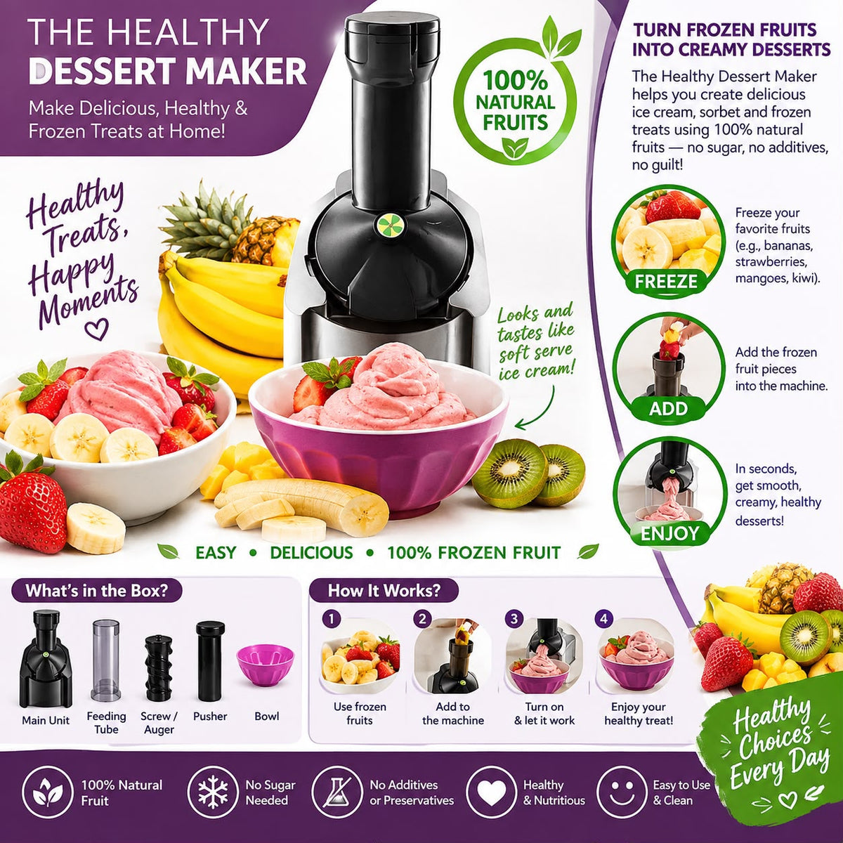 Frozen Fruit Soft Serve Maker – 200W Silver Machine